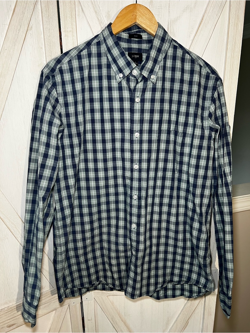 J. Crew Men’s Navy and Light Blue Plaid Button-Down Shirt